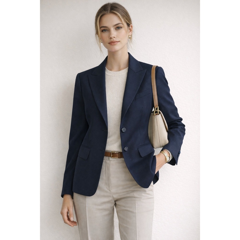 Lafayette 148 Blazer Women 2 Navy Wool Blend Two Button Tailored Preppy Classic